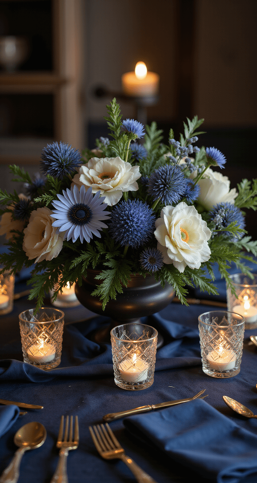 A moody reception centerpiece with deep blue thistle, pale blue tweedia, and white anemones in a black ceramic compote on dark navy linens, accompanied by vintage-style cut crystal votives casting flickering light and gold flatware accents.