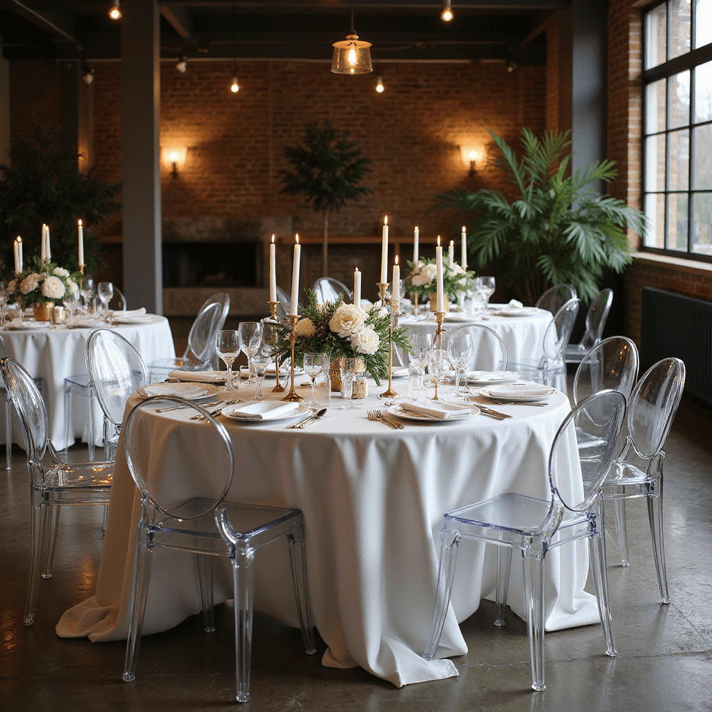 A winter evening soirée in a modern loft with ghost chairs, white linens, metallic accents, brass candle holders casting shadows, and vases of evergreen sprigs and white blooms, showcasing light and architectural features from various angles.