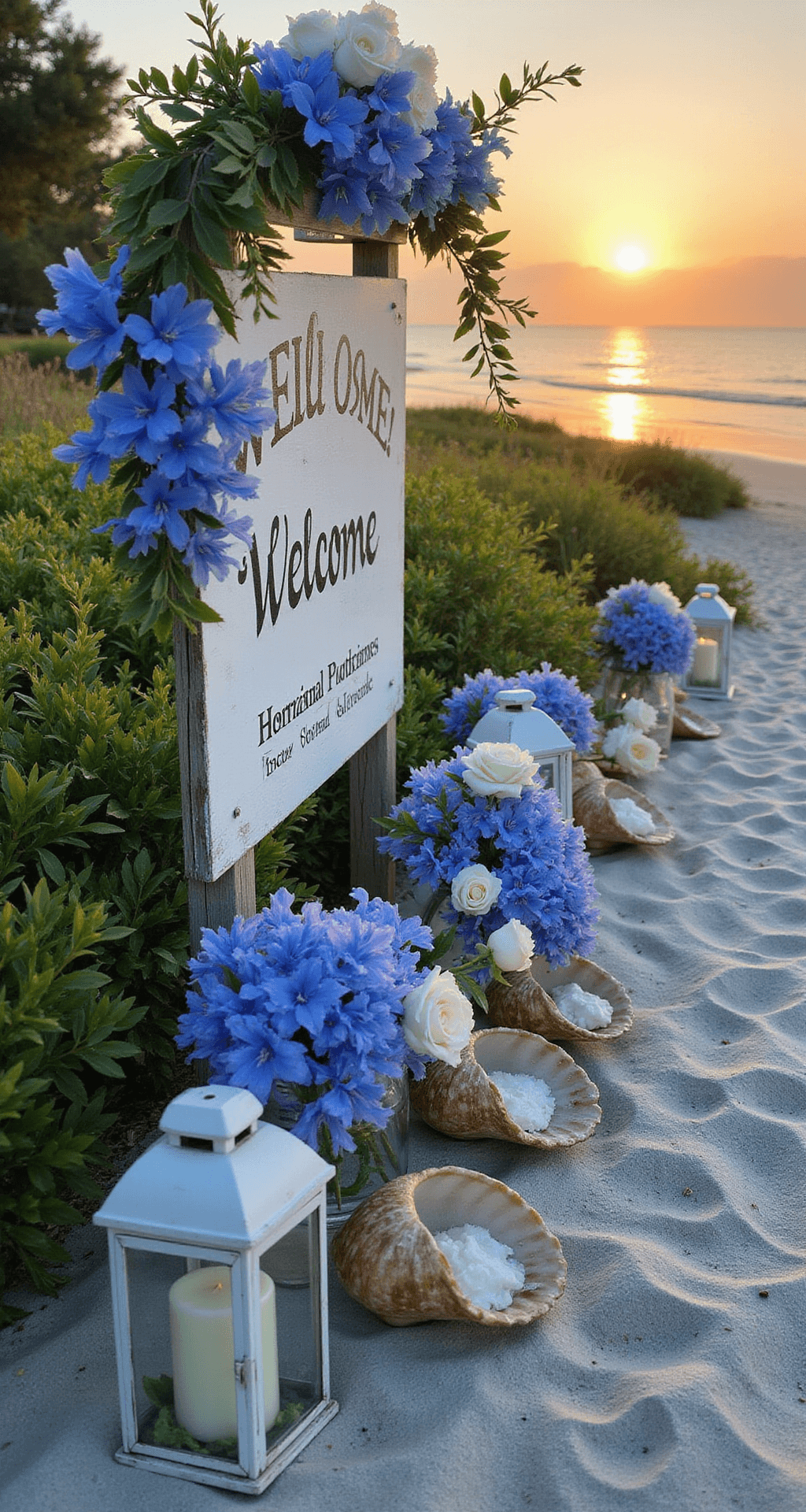 Sunset view of a beachfront welcome display featuring a weathered wooden sign with blue orchids and white plumeria, shell-filled lanterns along a sandy path, and flowers spilling from conch shells, all bathed in golden light.