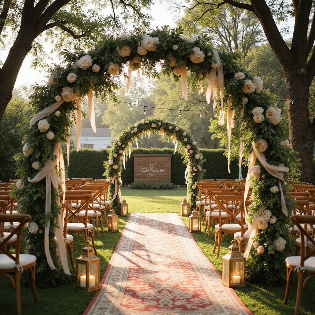 A golden hour wedding ceremony in a lush garden, featuring a floral arch with white and blush roses, pampas grass, and silk ribbons. Rows of cross-back wooden chairs are adorned with greenery along a vintage Persian runner aisle, illuminated by dappled sunlight and gold lanterns. String lights hang overhead, with a soft focus background showing a champagne wall and welcome signage.