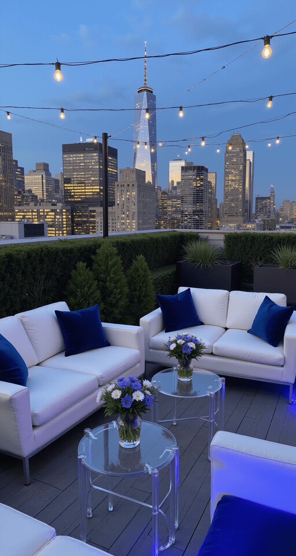 A modern rooftop cocktail lounge at twilight with white leather seating, blue velvet pillows, blue muscari and white ranunculus on lucite tables, string lights, and a city skyline backdrop.