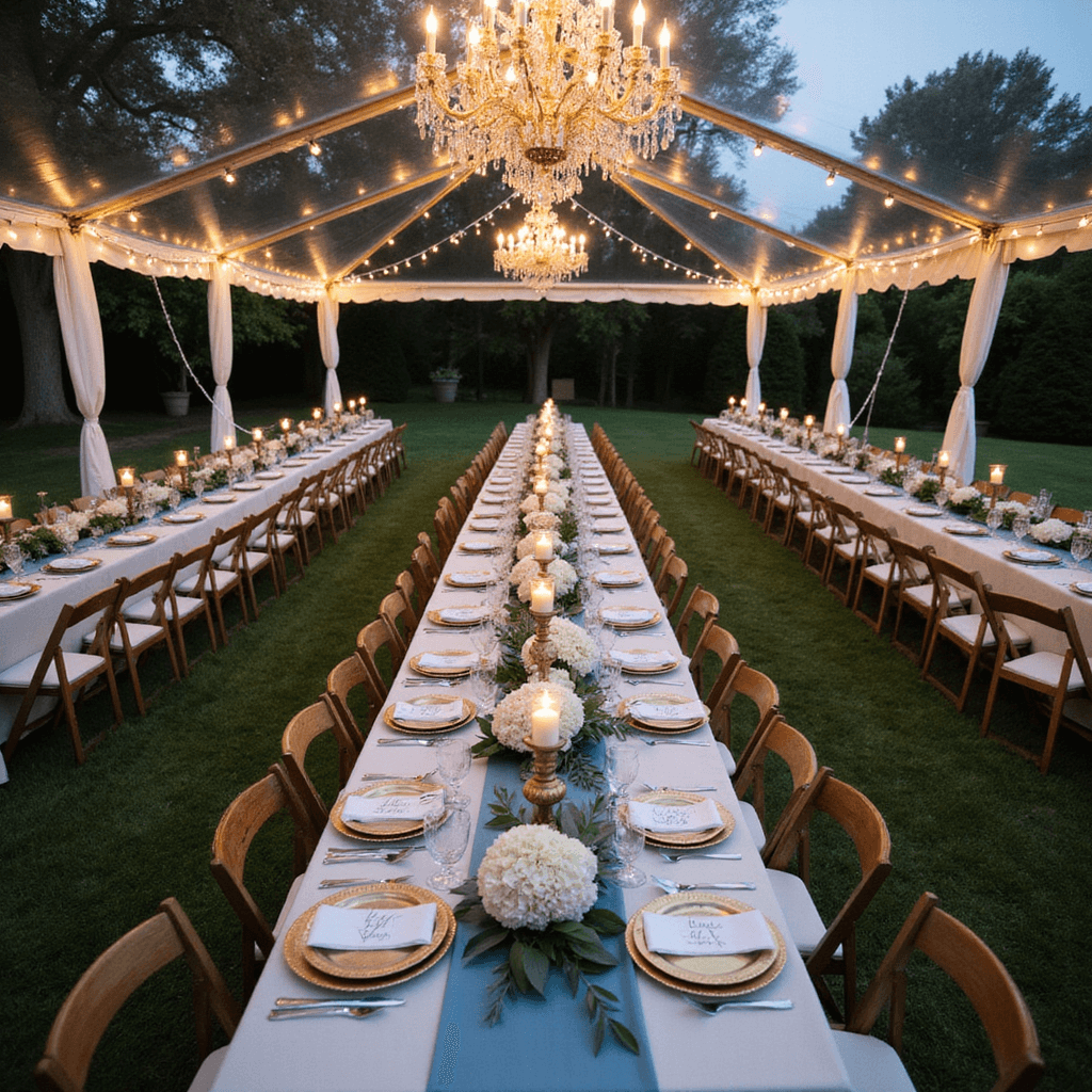 Overhead view of a twilight reception on a manicured lawn, featuring long farm tables with ivory silk linens and dusty blue runners, adorned with white hydrangeas and brass candlesticks, under a clear-top tent with vintage chandeliers and twinkling fairy lights.