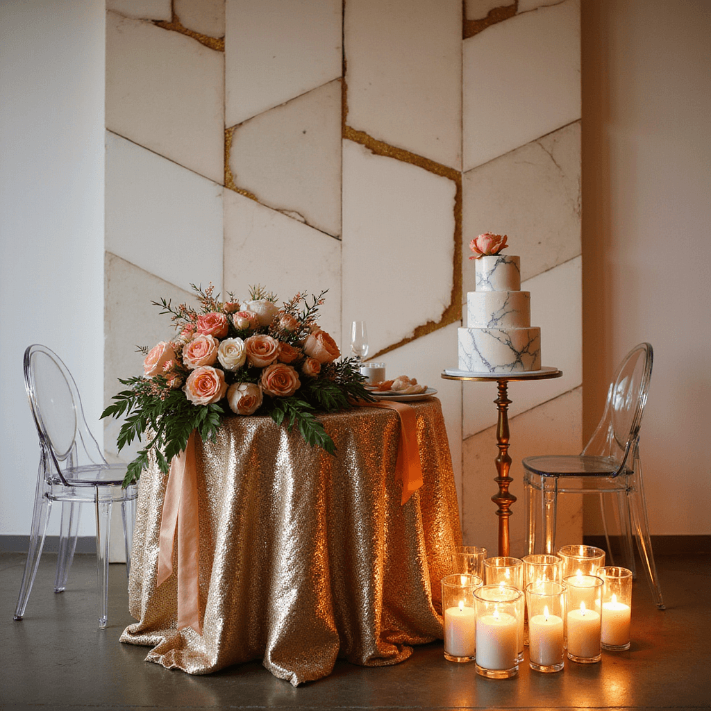 Intimate sweetheart table styled with champagne sequin linen and ghost chairs adorned with garden roses, featuring a low arrangement of coral charm peonies and silk ribbons, set against a modern geometric backdrop. A three-tier marble-effect cake on a gold stand, surrounded by floating candles in crystal holders, with warm candlelight illuminating the cool evening ambiance.