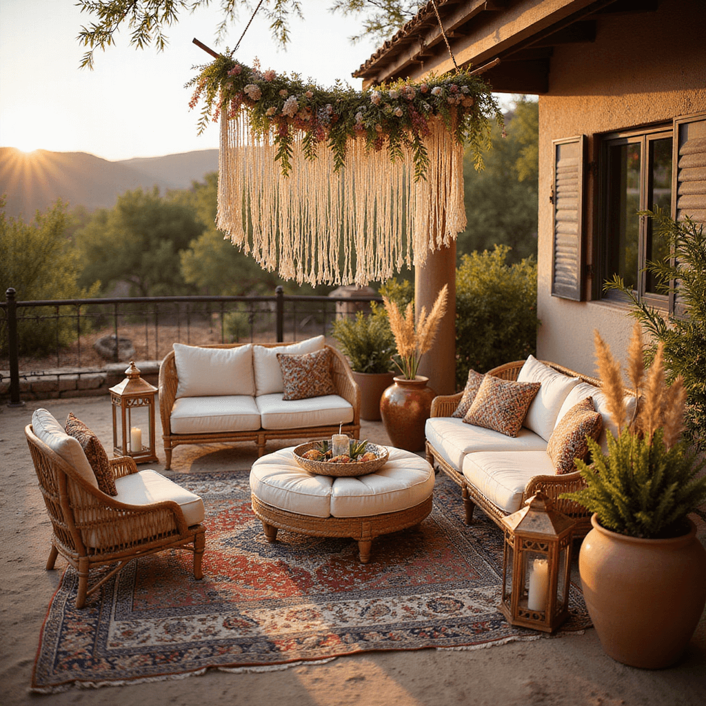 Boho lounge area at sunset with layered Persian rugs, low rattan furniture, ivory macramé cushions, copper lanterns, terracotta pots of dried pampas grass, and overhead floral installation with bistro lights, captured in natural light with subtle lens flare.
