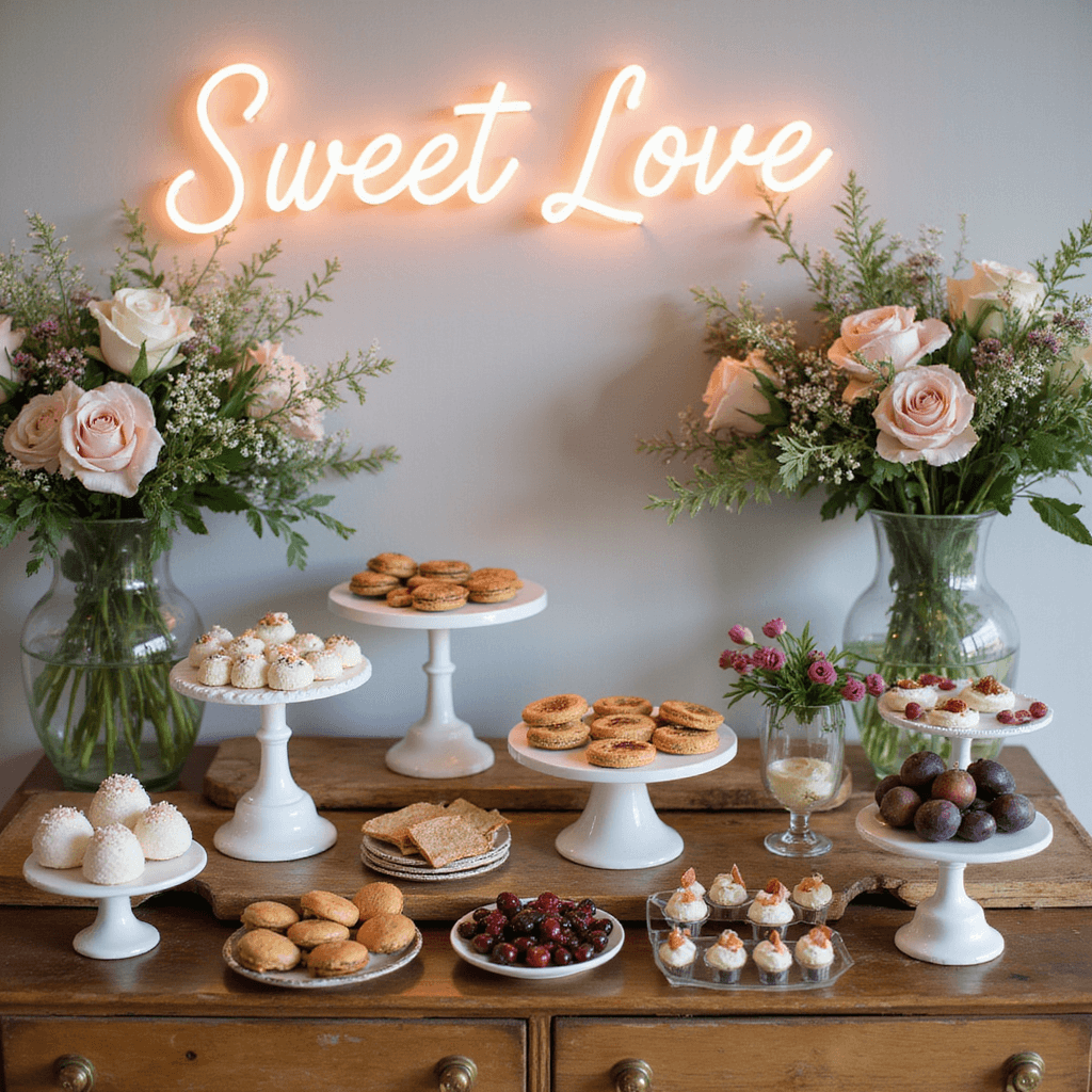 Detail of a dessert station on a vintage wooden dresser, featuring white stone cake stands with French macarons, hand-painted cookies, and petite pavlovas, adorned with fresh figs, berries, and edible flowers. A custom rose gold neon sign reading 'Sweet Love' shines in the background, reflecting off mercury glass vessels filled with garden roses and trailing jasmine.
