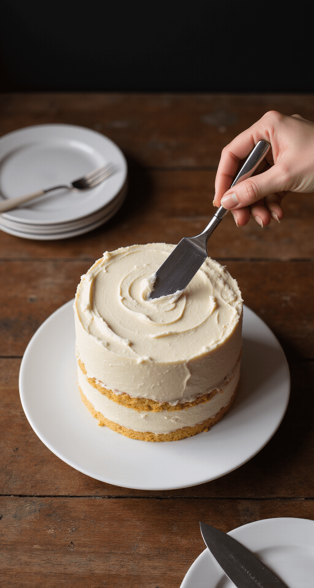 Professional overhead view of a two-layer cake being decorated with swirled buttercream frosting, showcasing textured patterns created by an expert hand with an offset spatula, surrounded by custom decorations, in warm studio lighting.
