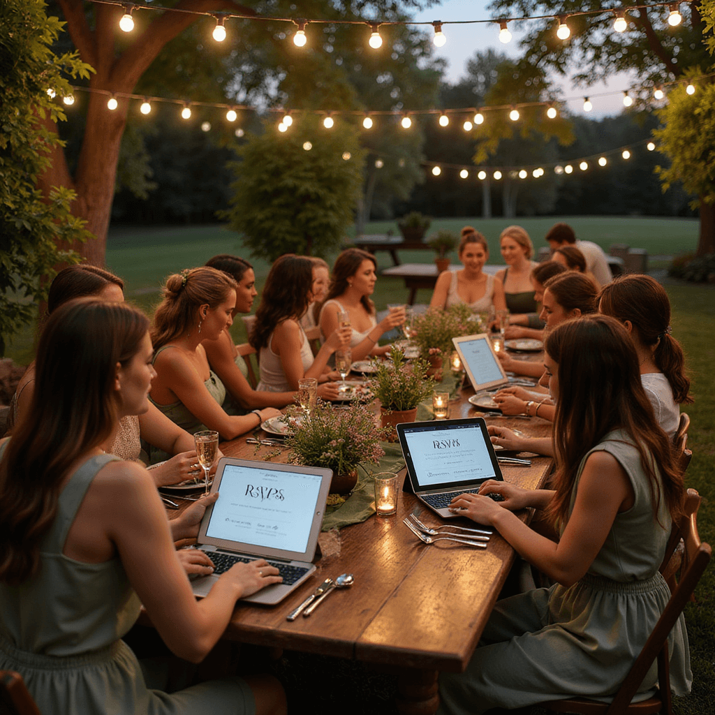 Guests enjoying an intimate garden party at twilight, seated on vintage chairs around rustic wooden tables with sage linens, interacting with tablets displaying wedding RSVPs, under market lights and surrounded by potted herbs and wildflowers.