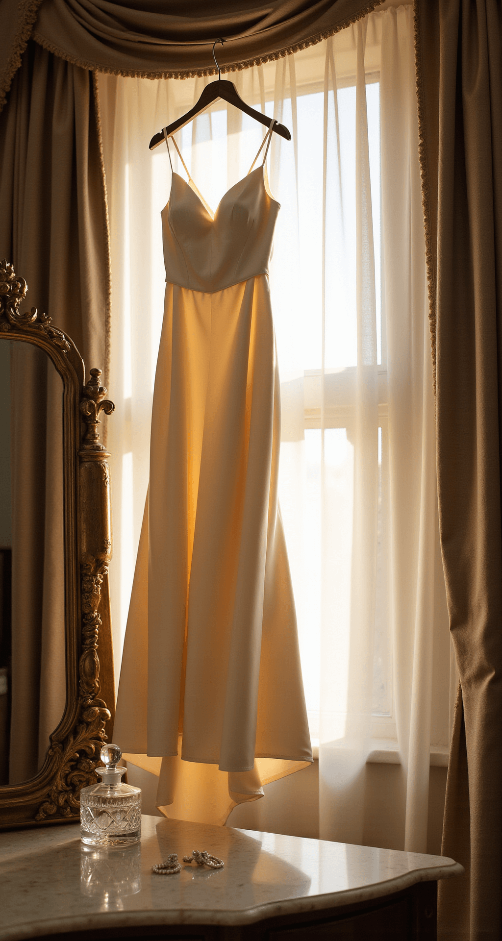 Close-up of a silk satin wedding dress hanging from a brass hanger, backlit by soft morning light, with a vintage crystal perfume bottle and pearl earrings on a marble vanity, creating a dreamy, intimate atmosphere.