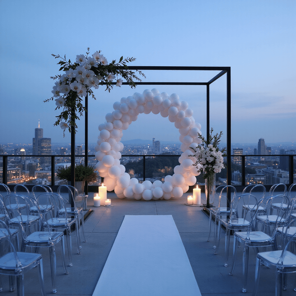 A modern minimalist rooftop ceremony space at blue hour featuring a black metal arch adorned with white orchids, ghost chairs in a curved formation, and an oversized white balloon installation against a dusky sky, with a stunning urban landscape in the background.