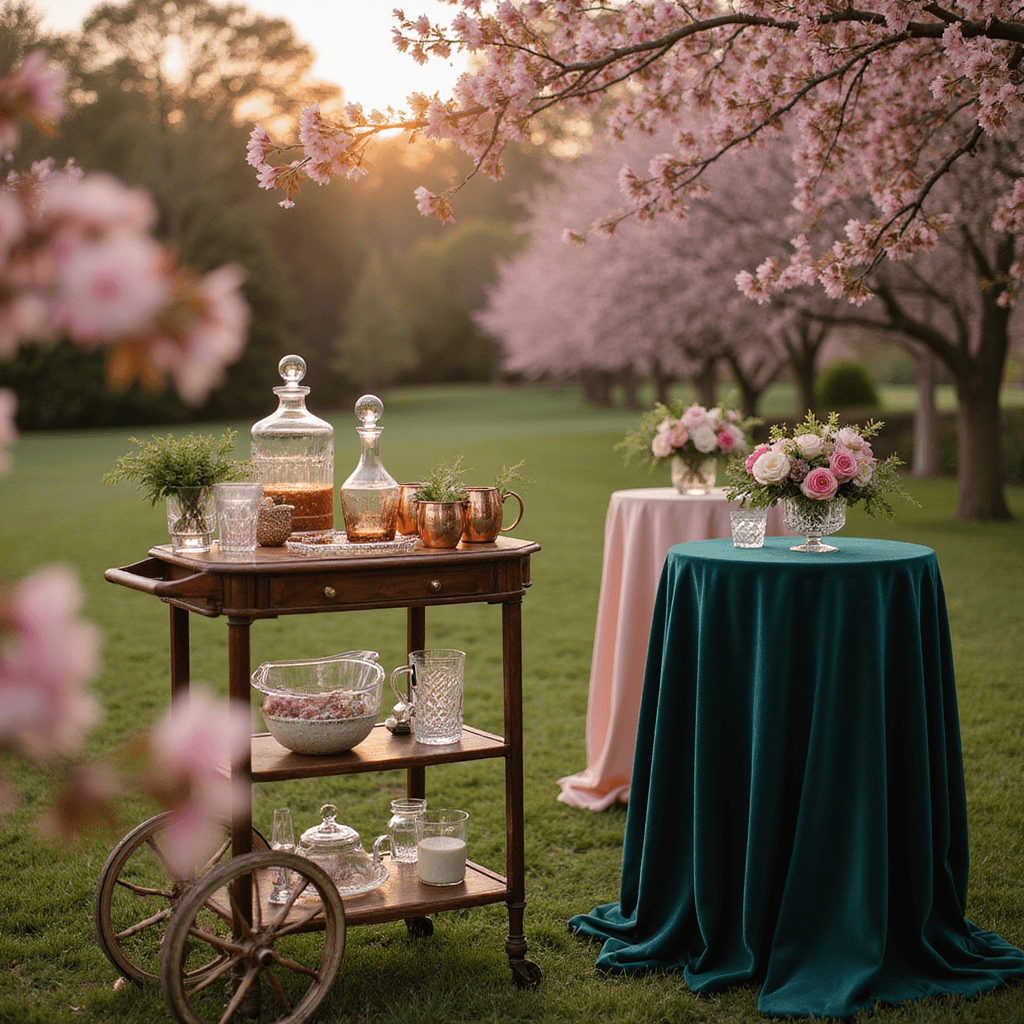 A whimsical garden cocktail setup featuring a vintage bar cart with copper moscow mule mugs and crystal decanters, surrounded by cherry blossom branches. High cocktail tables with jewel-toned velvet linens and small bouquets in cut crystal vases are softly blurred in the dreamy background during magic hour.