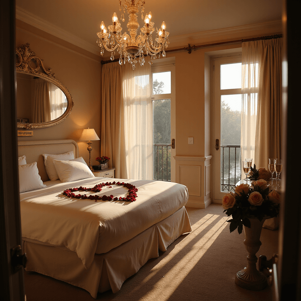 A romantic hotel suite at dusk, featuring a king-sized bed with white silk sheets and rose petals, warm candlelight, a crystal chandelier, and a marble side table with champagne flutes and peonies, viewed from the doorway.