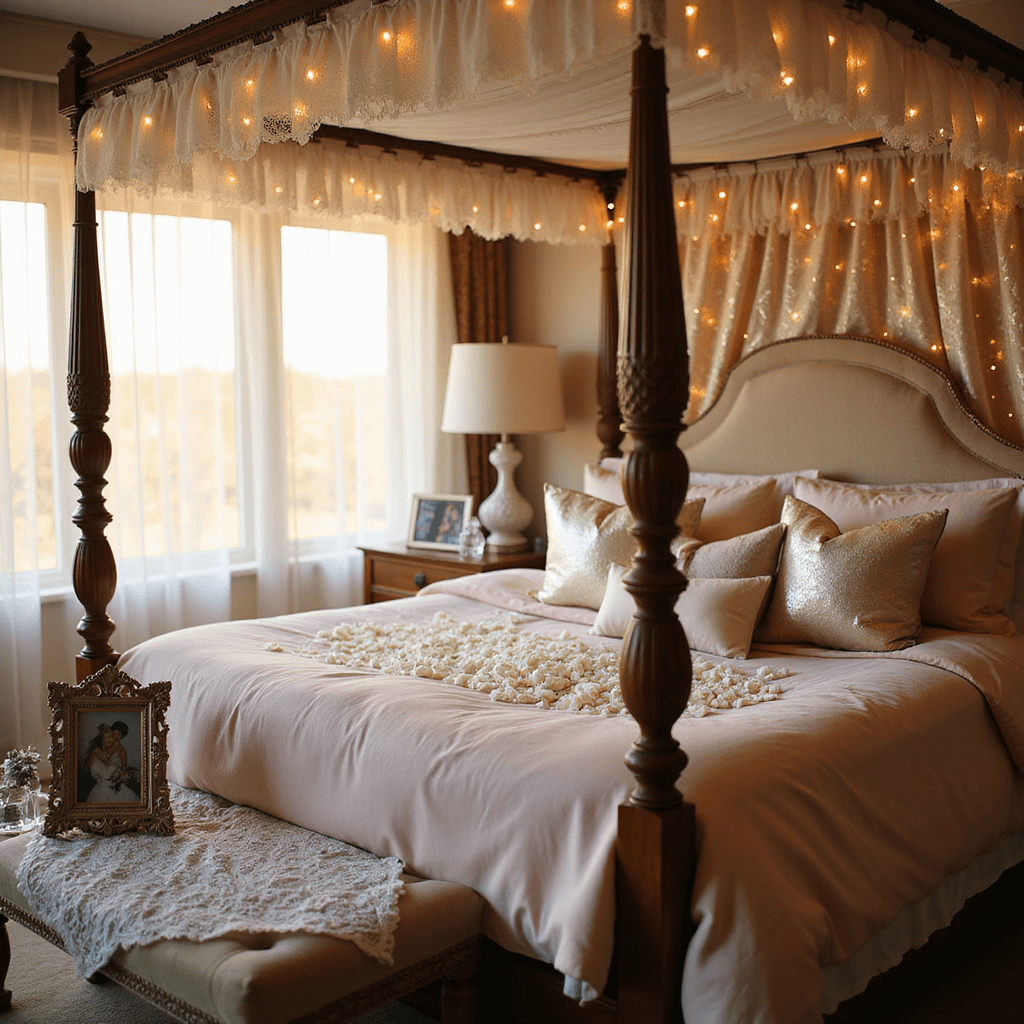 A dreamy bridal suite bathed in golden hour light, featuring a four-poster bed with blush pink linens, white rose petals, and metallic throw pillows, surrounded by cascading fairy lights, ornate wedding photos, and a delicate lace-covered bedside table with crystal perfume bottles.