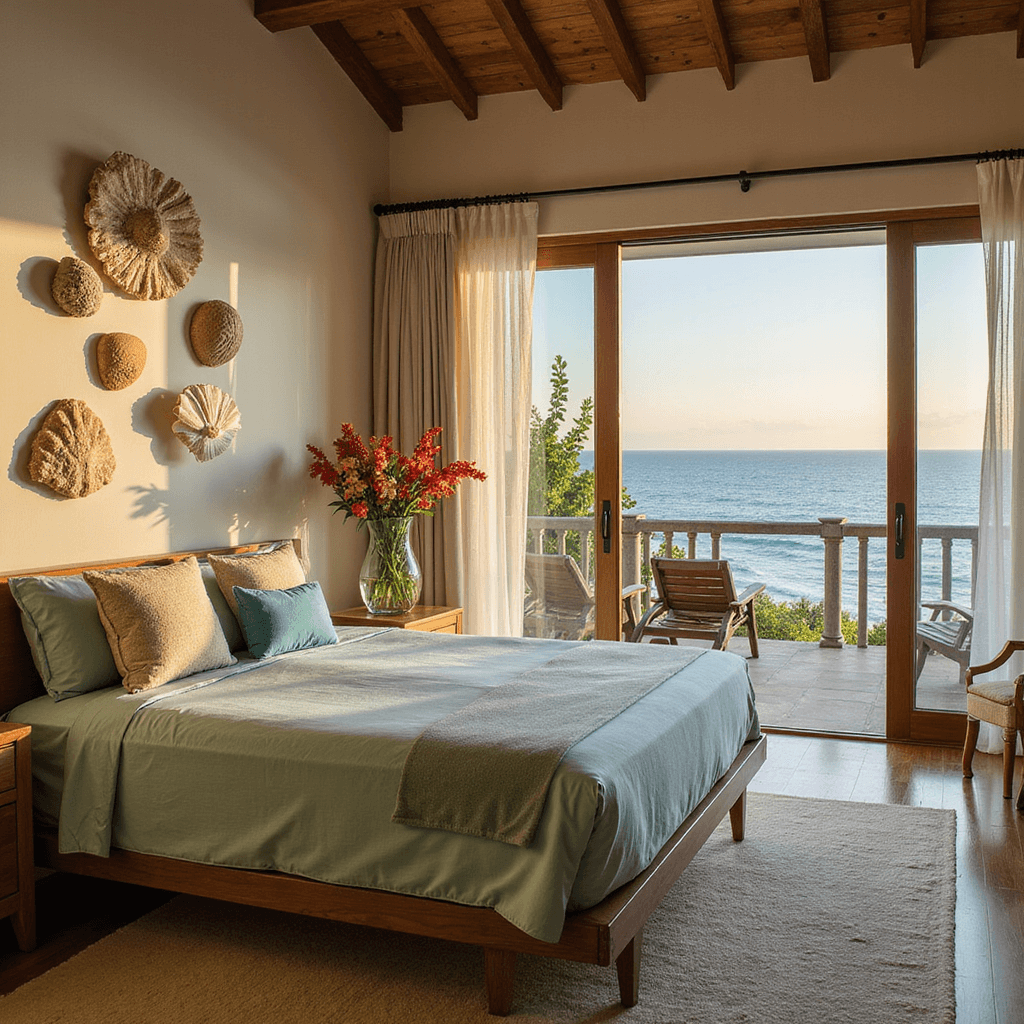 Oceanfront villa master suite at sunset featuring a king bed facing floor-to-ceiling glass doors that open to a private terrace, adorned with aqua and sand-colored linens. Gauzy white curtains flutter in the sea breeze, while shell and driftwood art installations add an organic touch, complemented by fresh tropical flowers in tall glass vases, capturing the seamless indoor-outdoor flow with the ocean horizon in view.