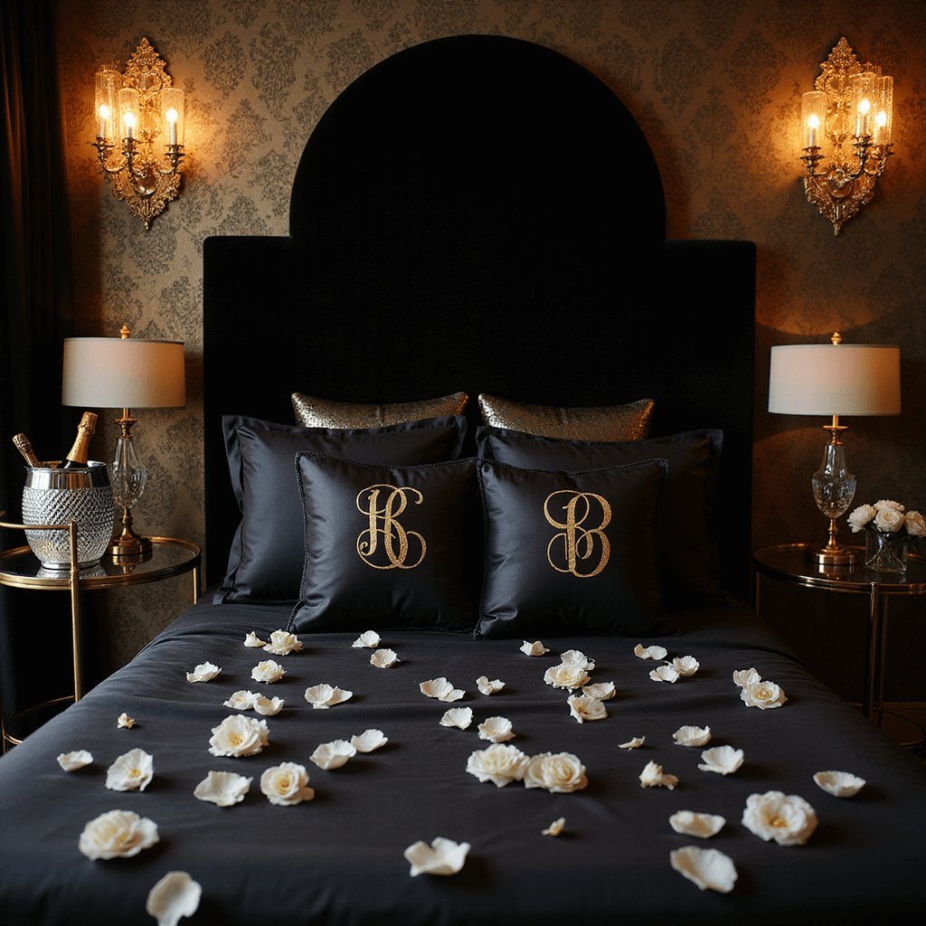A luxurious boutique hotel honeymoon suite lit by candlelight, featuring a dark velvet headboard, black silk sheets adorned with white rose petals, gold accents, and crystal sconces casting dramatic shadows, with a champagne ice bucket on a mirrored bar cart and bespoke monogrammed pillows.