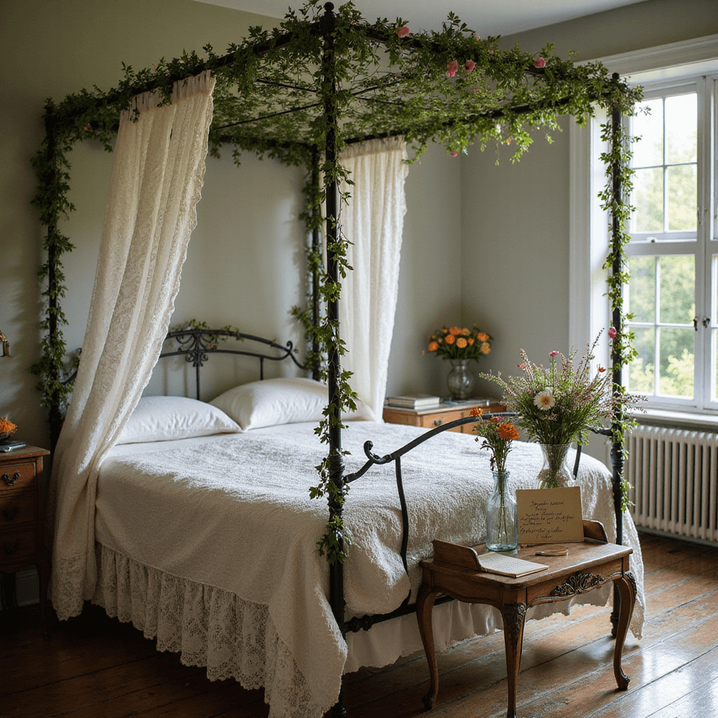 A cozy garden cottage bedroom at dawn features an iron bed adorned with climbing flowers, a vintage lace canopy draped asymmetrically, an antique writing desk displaying handwritten love notes, and mismatched crystal bud vases filled with wildflowers, all illuminated by morning light casting dappled shadows through the window.