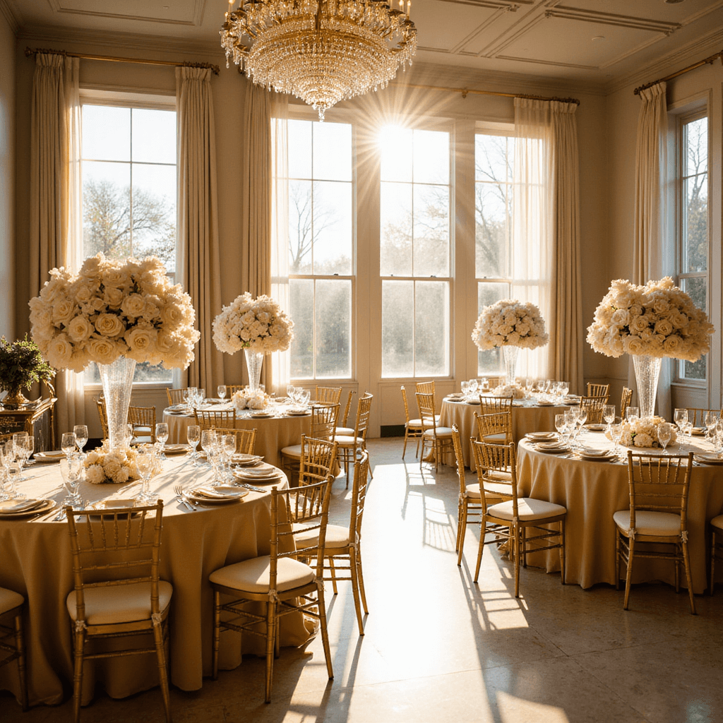 A grand ballroom illuminated by golden hour light, featuring round tables with champagne silk linens and crystal centerpieces of white orchids and blush roses, gilt Chiavari chairs, and a crystal chandelier casting light on marble floors, framed by sheer ivory drapes and a vintage champagne cart in the corner.