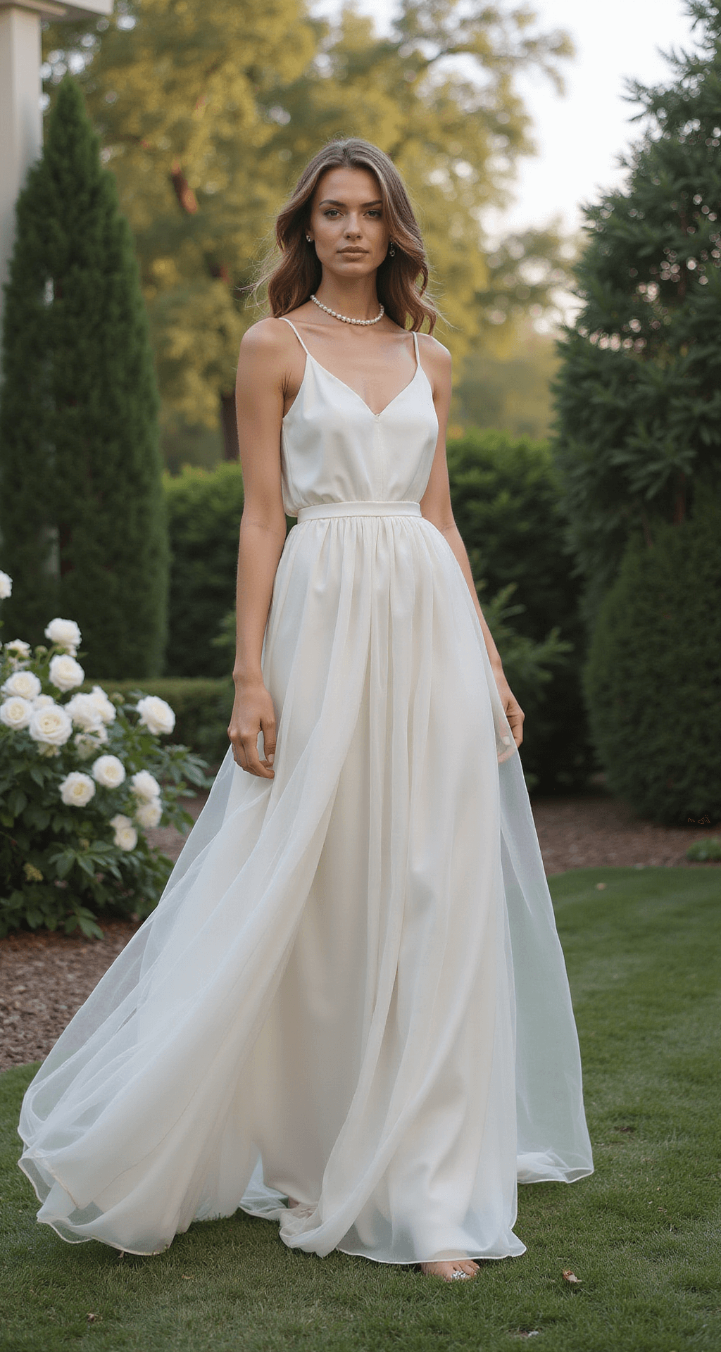 Model in a flowing silk chiffon A-line gown stands in a manicured garden at magic hour, with bare shoulders and a pearl choker, surrounded by blooming white roses and architectural hedges, captured from a low angle to highlight the dress's movement.