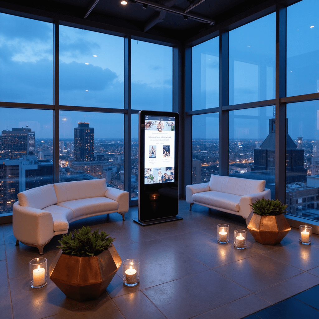 Contemporary rooftop venue with digital display, cityscape view, modern seating, copper planters, succulents, floating candles, and blue LED lighting.