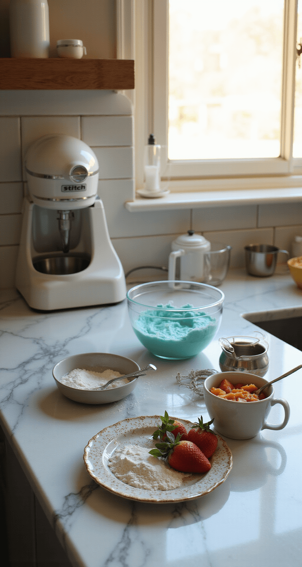 Professional kitchen with marble countertop, featuring vibrant blue batter in mixing bowls, neatly arranged ingredients, measuring cups, and an electric mixer, all illuminated by soft natural morning light.