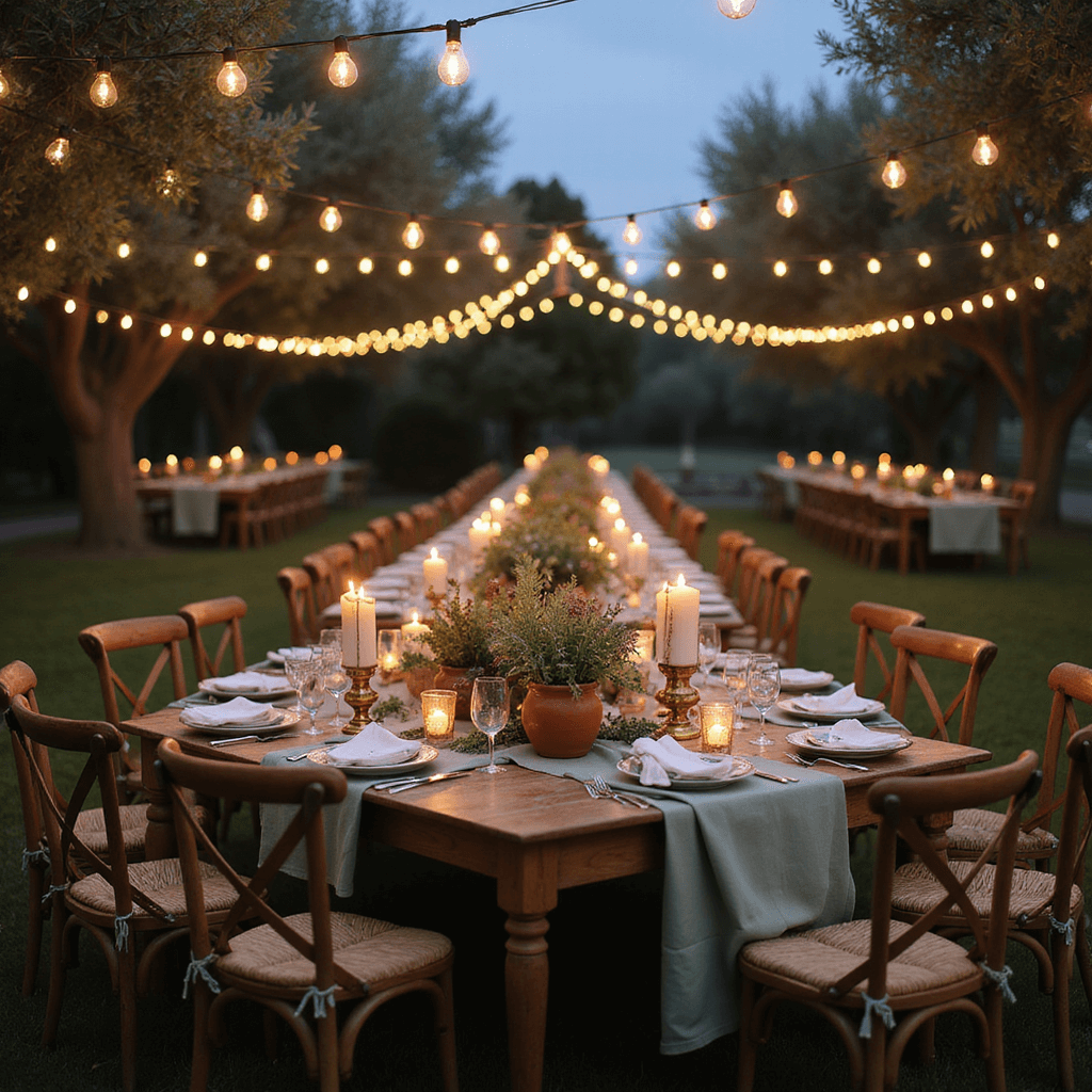 An intimate dusk garden party scene featuring bistro lights strung between olive trees, long farm tables with sage green linen, vintage brass candlesticks with ivory tapers, terracotta pots of herbs and wildflowers, rustic wooden chairs, and earth-toned throw blankets, all softly illuminated against a dusky blue sky.