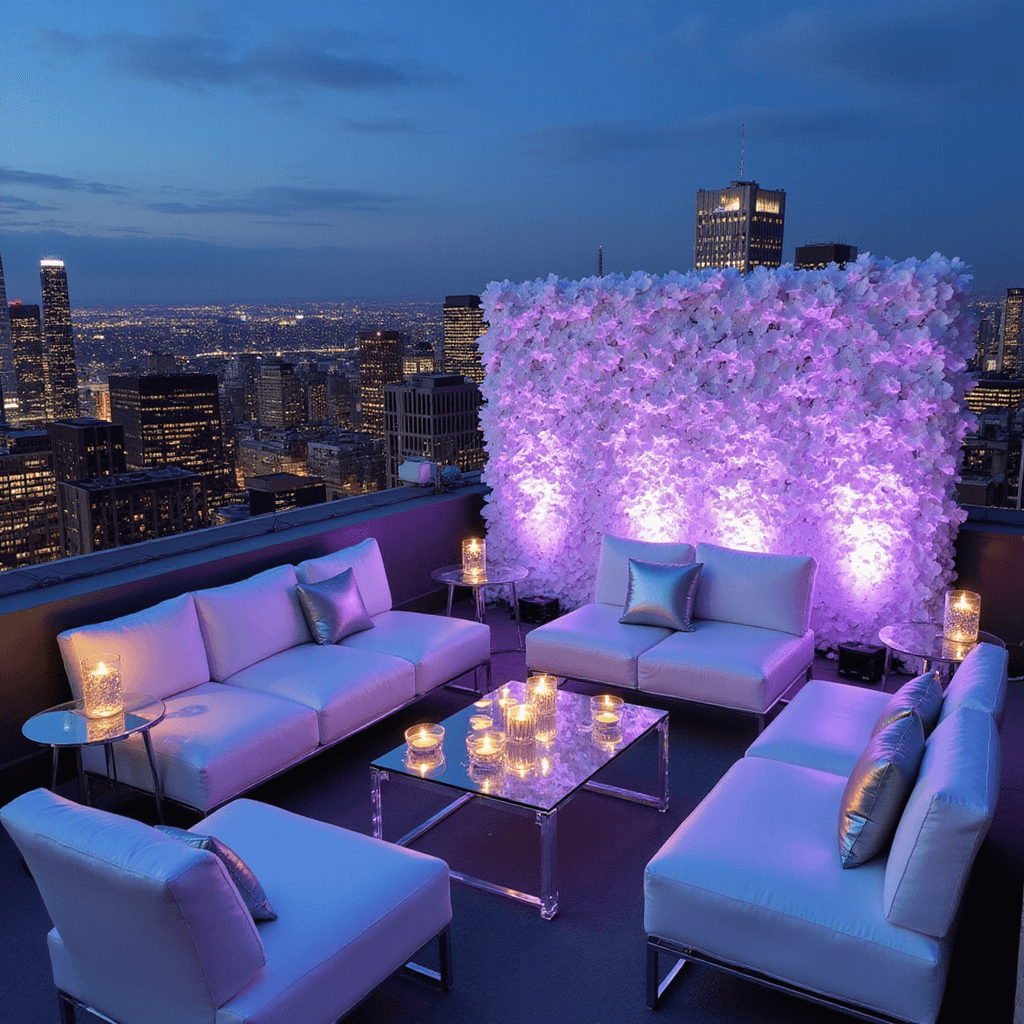 A stylish rooftop celebration at twilight featuring sleek white lounge furniture, metallic accents, and a dramatic orchid wall, with ghost chairs and lucite tables illuminated by floating candles against a backdrop of city lights.