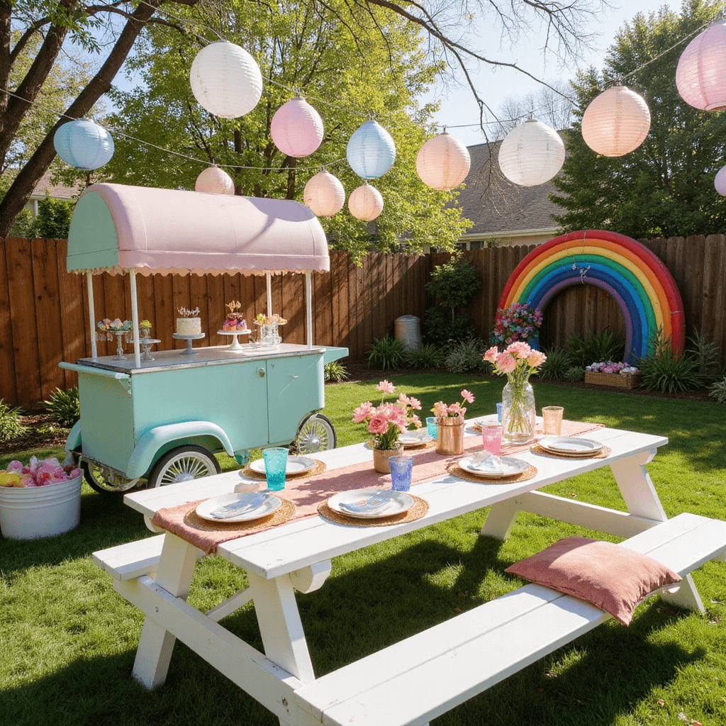 A whimsical children's birthday setup in a sun-lit backyard featuring a pastel mint vintage ice cream cart, rainbow balloon arches, paper flower installations, low picnic tables with gold-rimmed plates and colorful cups, and a canopy of paper lanterns casting playful light patterns.