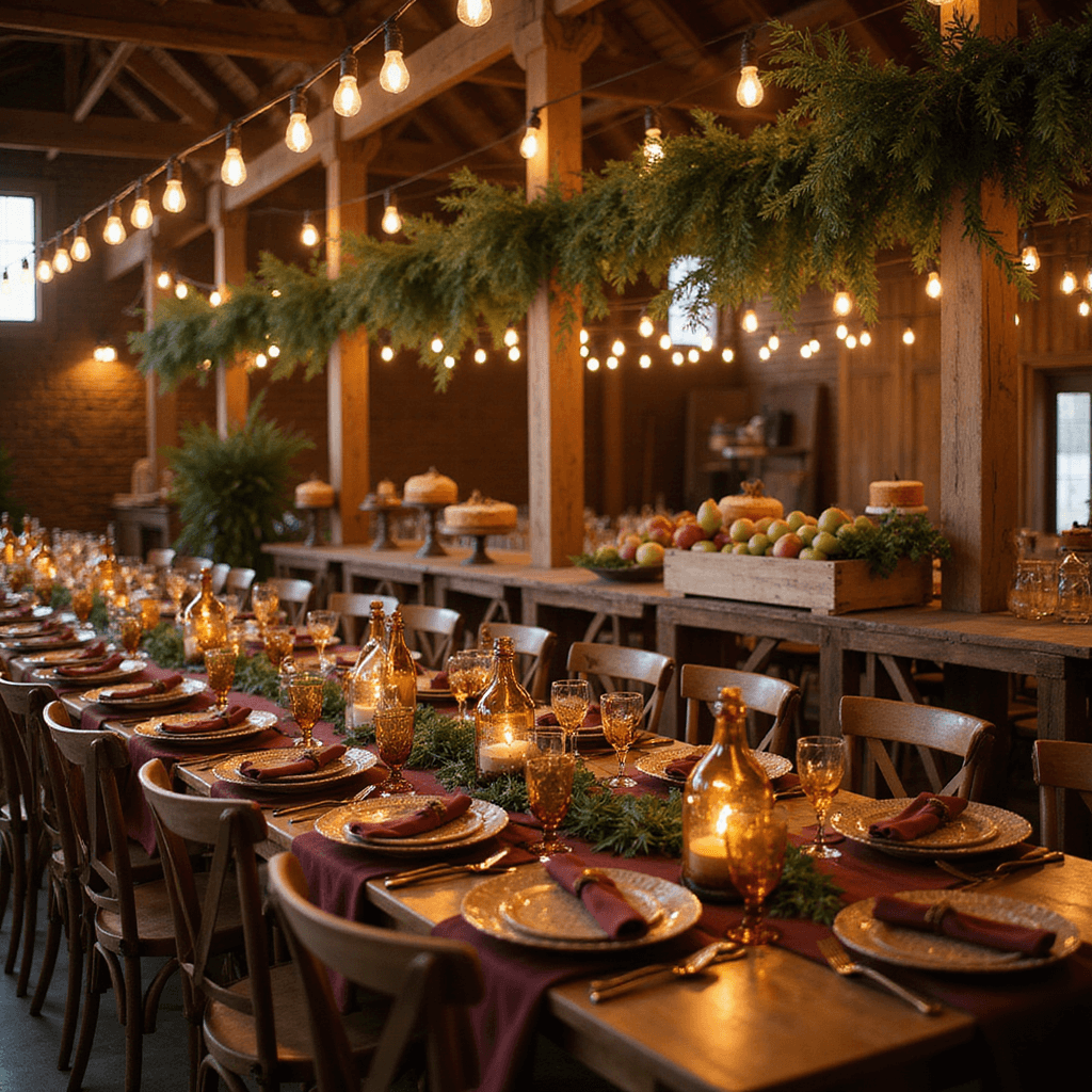 Cozy autumn dinner party in a rustic barn with wooden beams draped in greenery, warm ambient lighting from Edison bulbs, farm tables adorned with copper chargers and burgundy linens, wooden crates of apples and pears as centerpieces, and a dessert display of naked cakes surrounded by fall foliage.