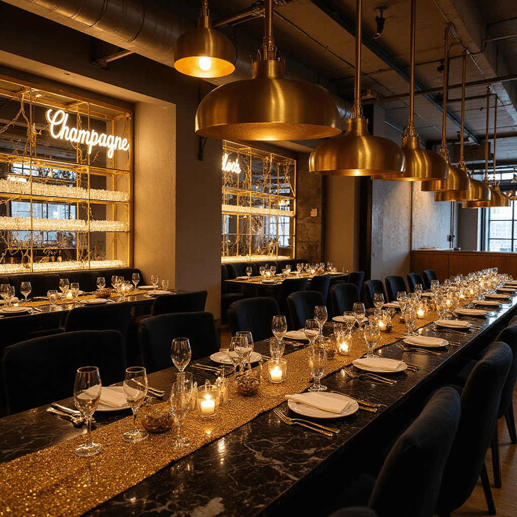 Glamorous New Year's Eve setup in an industrial loft, featuring black marble tables with mirrored runners, gold sequined linens, black velvet chairs, a champagne wall with geometric gold shelving, and neon art deco-inspired signage, all captured in dramatic lighting.