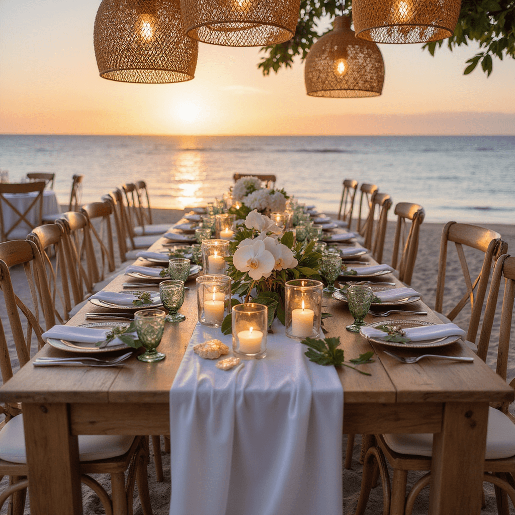 Beachfront wedding reception at sunset with natural wood tables, sheer white runners, cross-back chairs in ivory chiffon, glass cylinders with floating candles, oversized rattan pendant lights, tropical centerpieces of white orchids and monstera leaves, and pearl-toned seashells and coral accents at place settings. The scene is captured during golden hour with the ocean horizon in view.