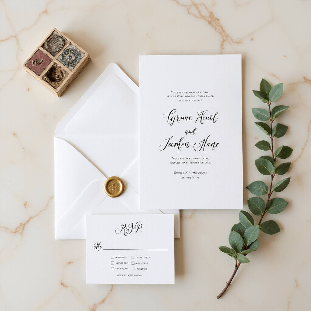 Minimalist wedding invitation suite flat lay on creamy marble, featuring a white invitation with black serif typography, RSVP card, envelope, gold wax seal, fresh eucalyptus sprig, and vintage stamps, captured in soft morning light.