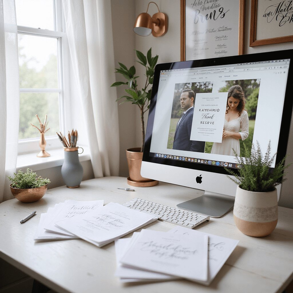 Intimate home office showcasing the wedding invitation design process, featuring a modern iMac displaying a digital proof amidst fanned-out paper samples in whites and creams on a white oak desk, with natural light filtering through sheer curtains, complemented by copper desk accessories, fine-point calligraphy pens, and a mood board of botanical sketches and font specimens, all captured in a wide-angle perspective.