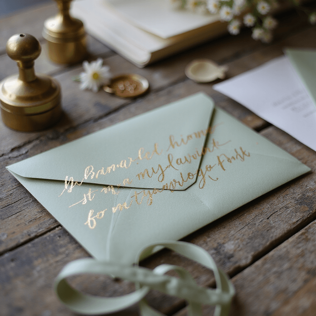 Close-up of a sage green envelope on a weathered wooden desk, featuring gold calligraphy ink and a vintage brass wax seal stamp, with silk ribbon samples and pressed flowers arranged around it, showcasing intricate penmanship in soft afternoon light.