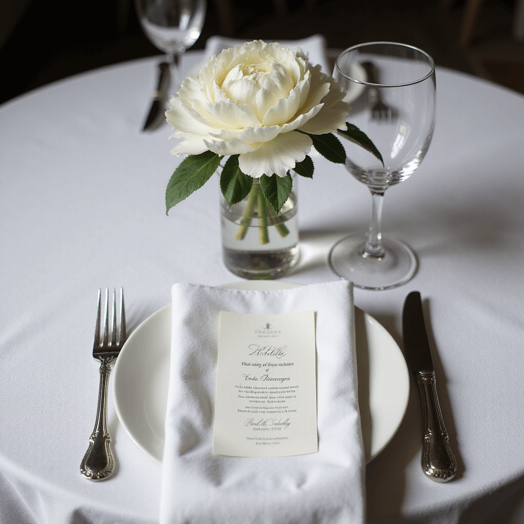 Elegant table vignette featuring a crisp white linen tablecloth, a folded invitation as a place card, a single white peony in a bud vase, silver cutlery, and crystal stemware, all captured in moody natural light with soft shadows.