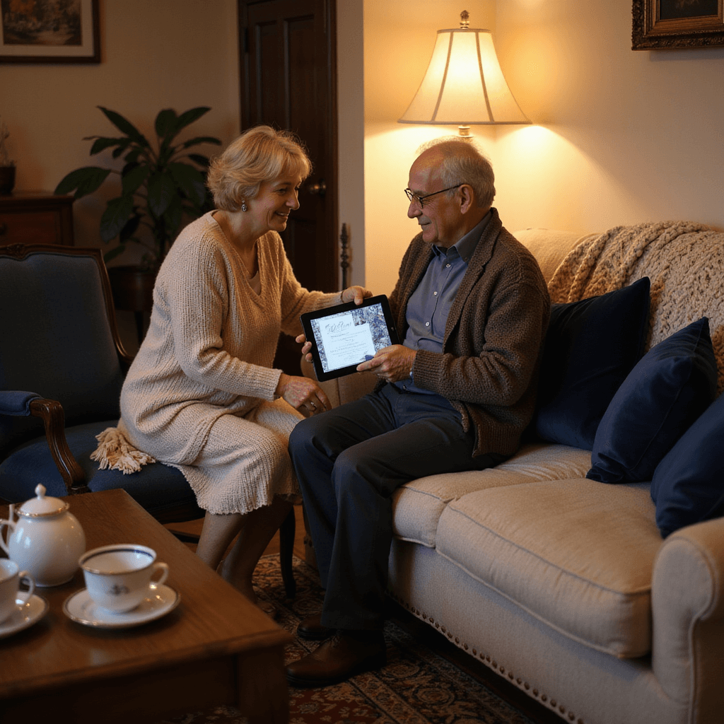 Elderly couple on a cream sofa, assisted by younger family member with digital wedding invitation on iPad, under warm lamp light. Cozy room with chunky knit blankets, velvet navy pillows, Oriental rug, and vintage tea service on side table.