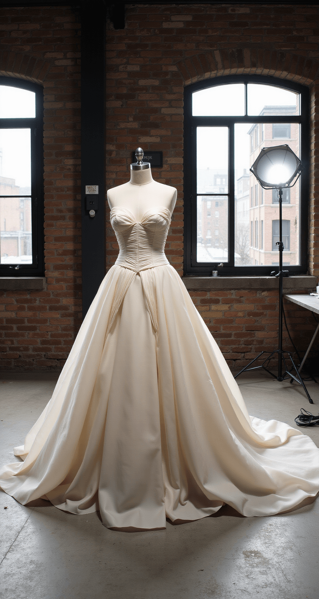 A modern industrial loft showcasing an exposed brick wall and large factory windows, featuring a structured silk organza ballgown on a dress form, highlighting intricate pleating and architectural details. The scene includes a professional lighting setup and tools of the trade in a behind-the-scenes documentary style.