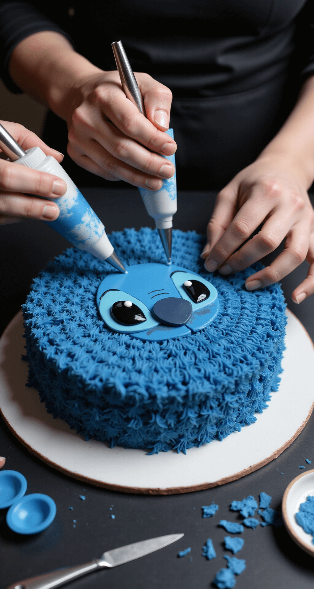 Close-up of a cake on a turntable being decorated as Stitch's face, with professional hands using piping bags of blue buttercream, surrounded by fondant tools and colored pieces, highlighted by dramatic studio lighting.