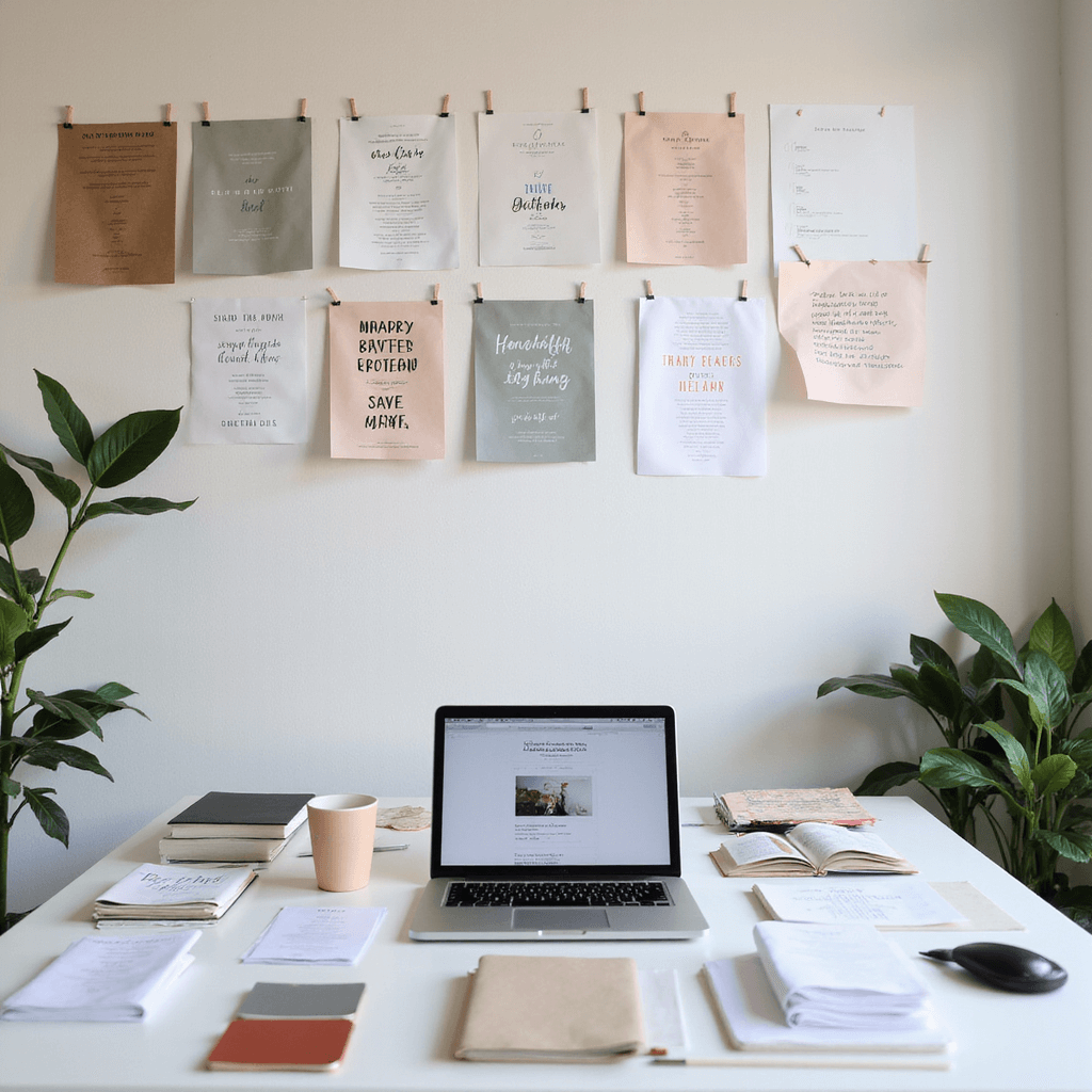 A modern design studio workspace featuring an inspiration wall with pinned invitation samples, a clean white desk with a laptop showing typography options, color swatches in muted tones, and neatly arranged invitation prototypes, all under soft indirect natural light.