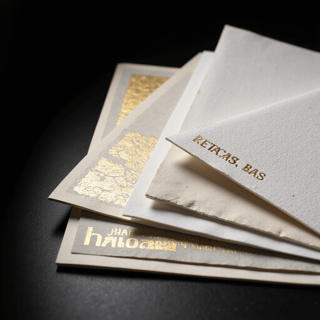 Luxury paper samples in whites, creams, and grays layered dramatically under directional lighting, showcasing gold foil and letterpress details against a black backdrop, with a macro view highlighting intricate textures and printing techniques.