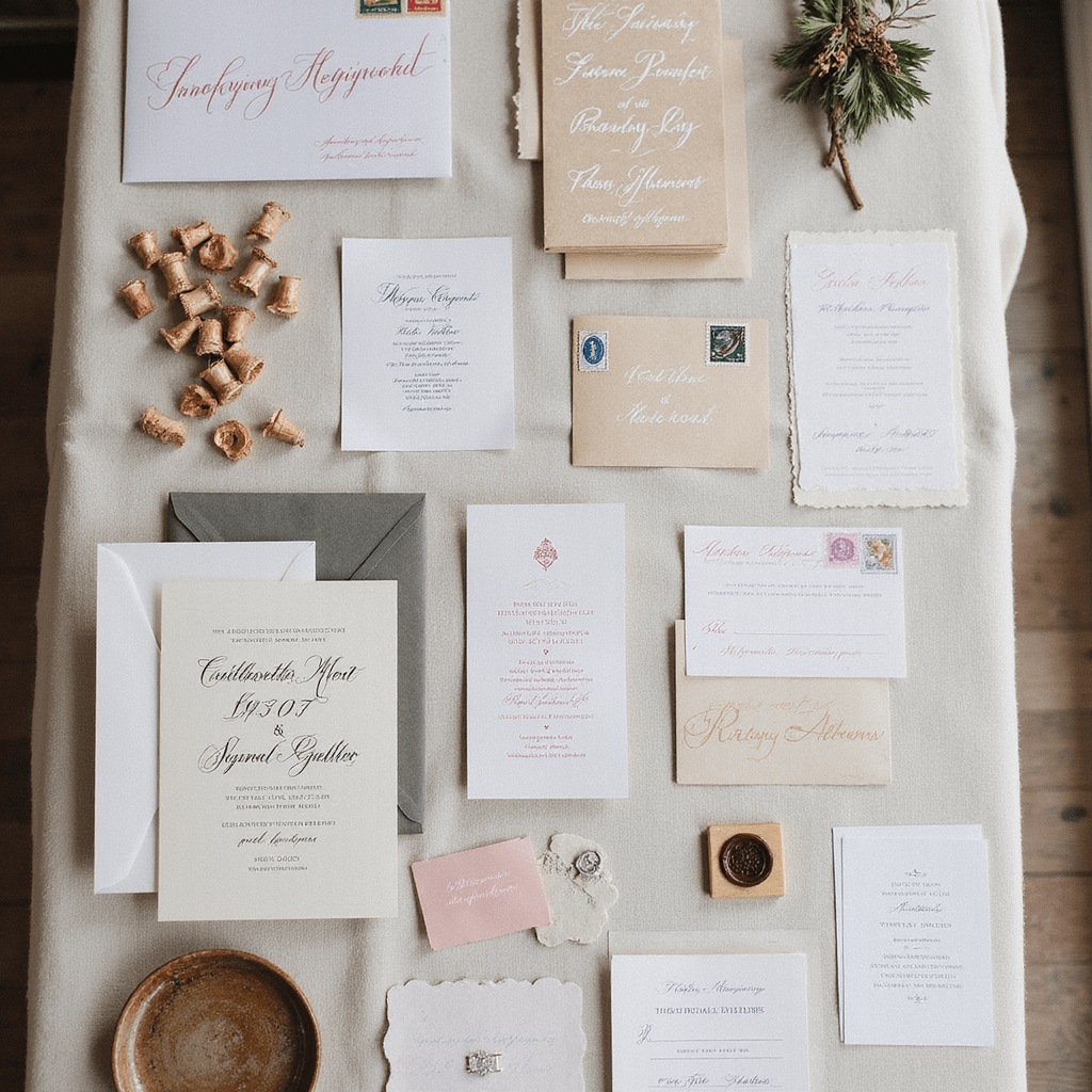 Wedding invitation assembly station featuring organized rows of assembled suites on a French linen tablecloth, surrounded by vintage postage stamps, custom wax seals, and addressing templates, all illuminated by soft window light that highlights the invitation typography and paper textures in an overhead composition.