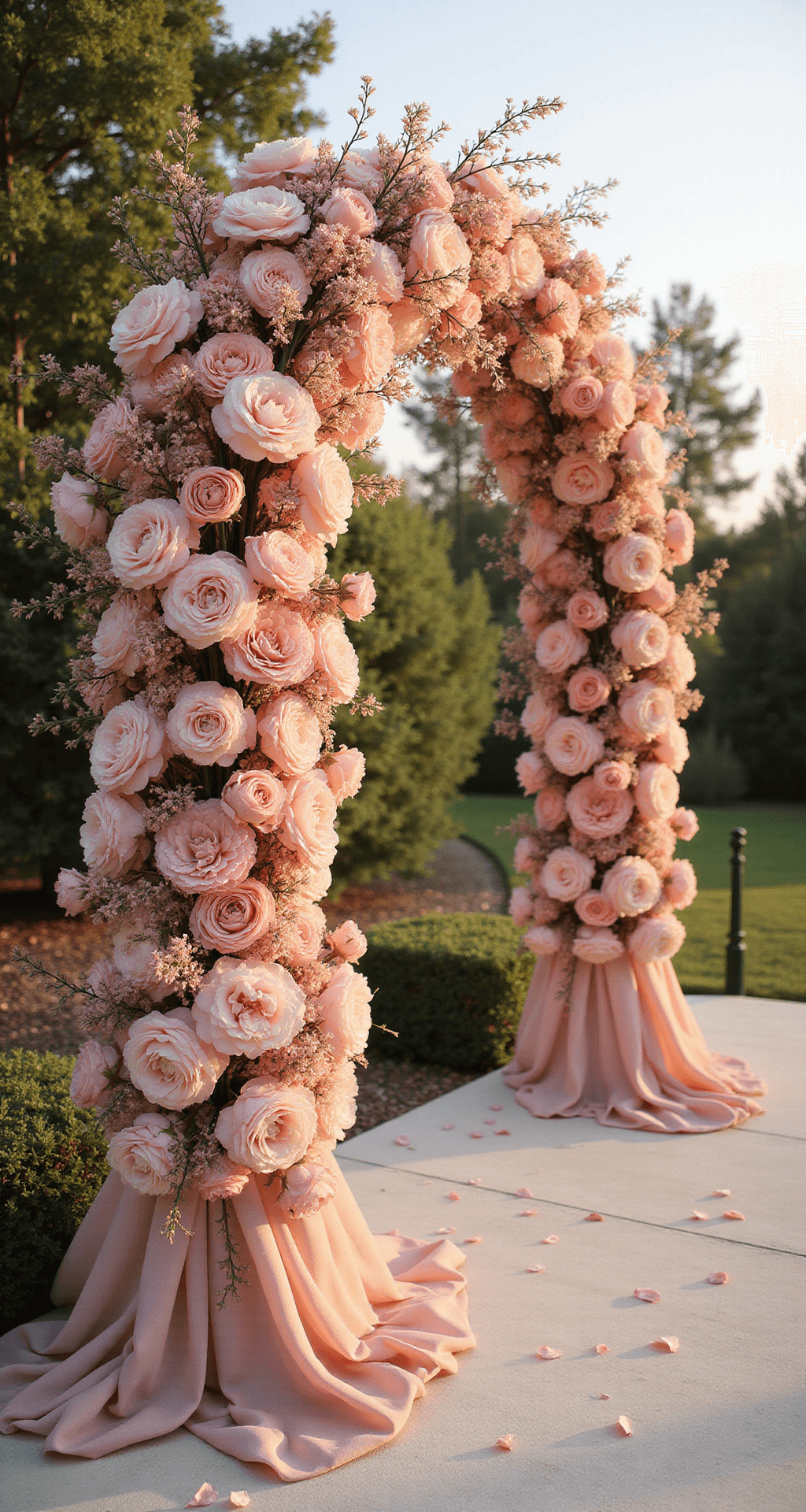 Closeup of a luxurious wedding arch draped in pink garden roses, peonies, and ranunculus, with blush silk and flowering branches, glowing in golden hour light.