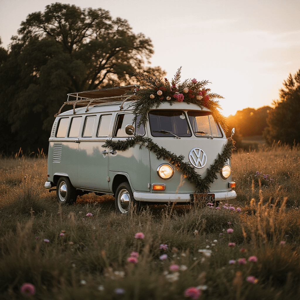 A vintage VW van adorned with macramé bunting, wild spray roses, and eucalyptus garlands sits in a wildflower meadow at dusk, illuminated by fairy lights and dried pampas grass, casting a golden glow in an ethereal atmosphere.