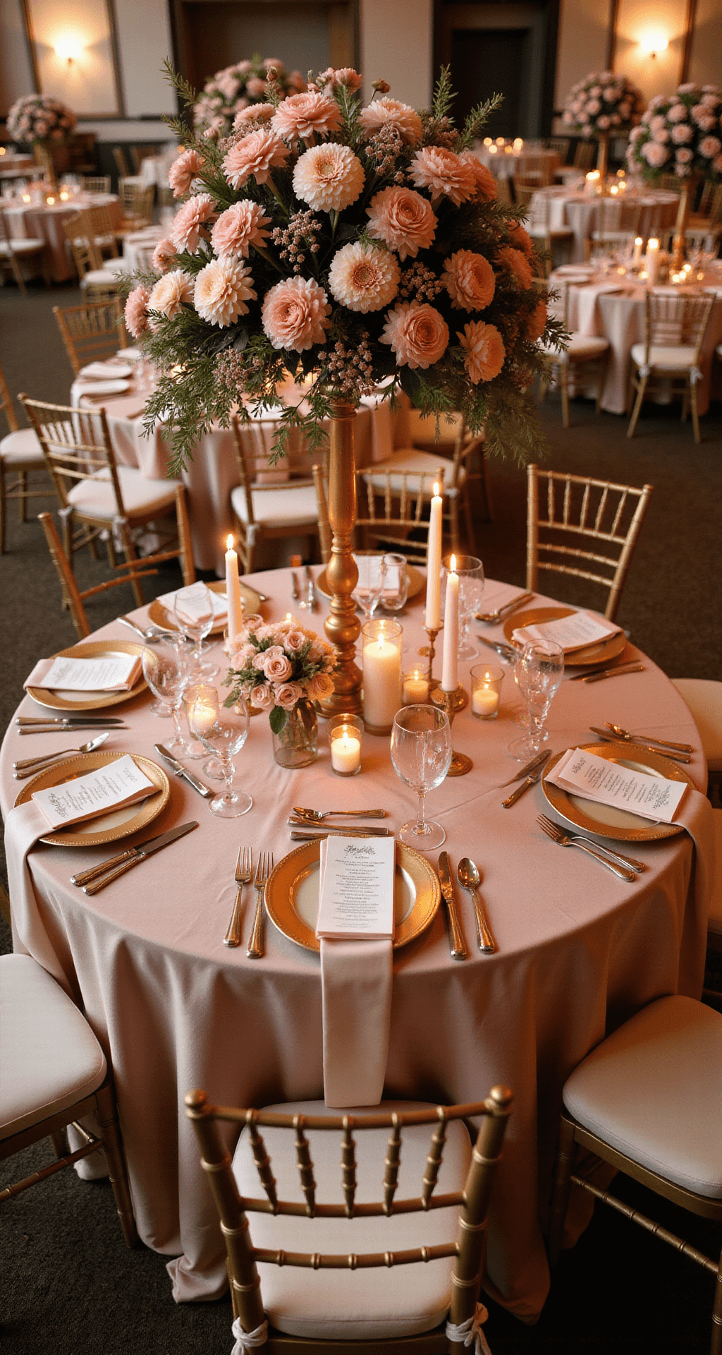 Elegant ballroom reception with a round table draped in a blush silk tablecloth, adorned with a centerpiece of pink dahlias and garden roses. The setting includes gold-rimmed chargers, crystal stemware, and hand-calligraphed place cards, with tall tapered candles providing soft ambiance. Surrounding tables enhance the grand scale.