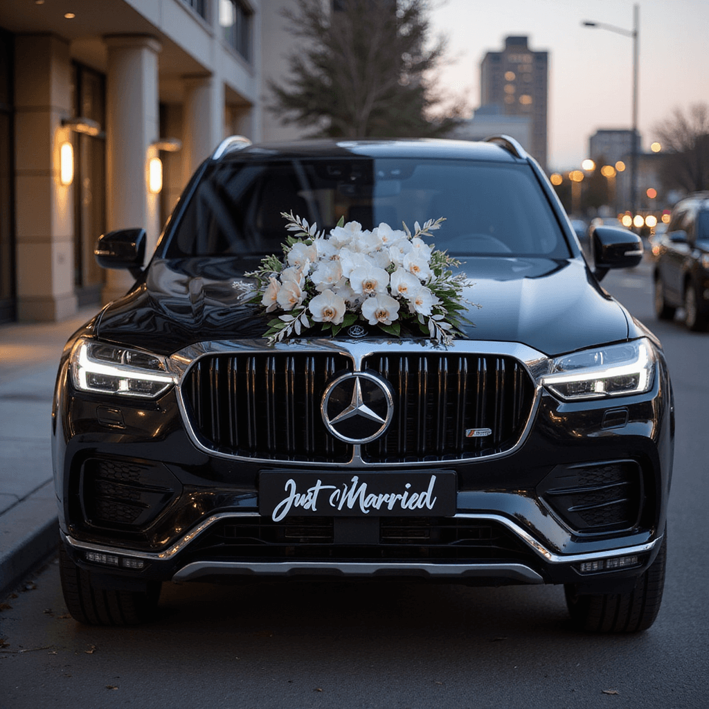 A sleek black luxury SUV decorated with white orchids and geometric metallic elements, featuring a custom acrylic 'Just Married' sign, photographed in an urban setting against contemporary architecture at dusk.