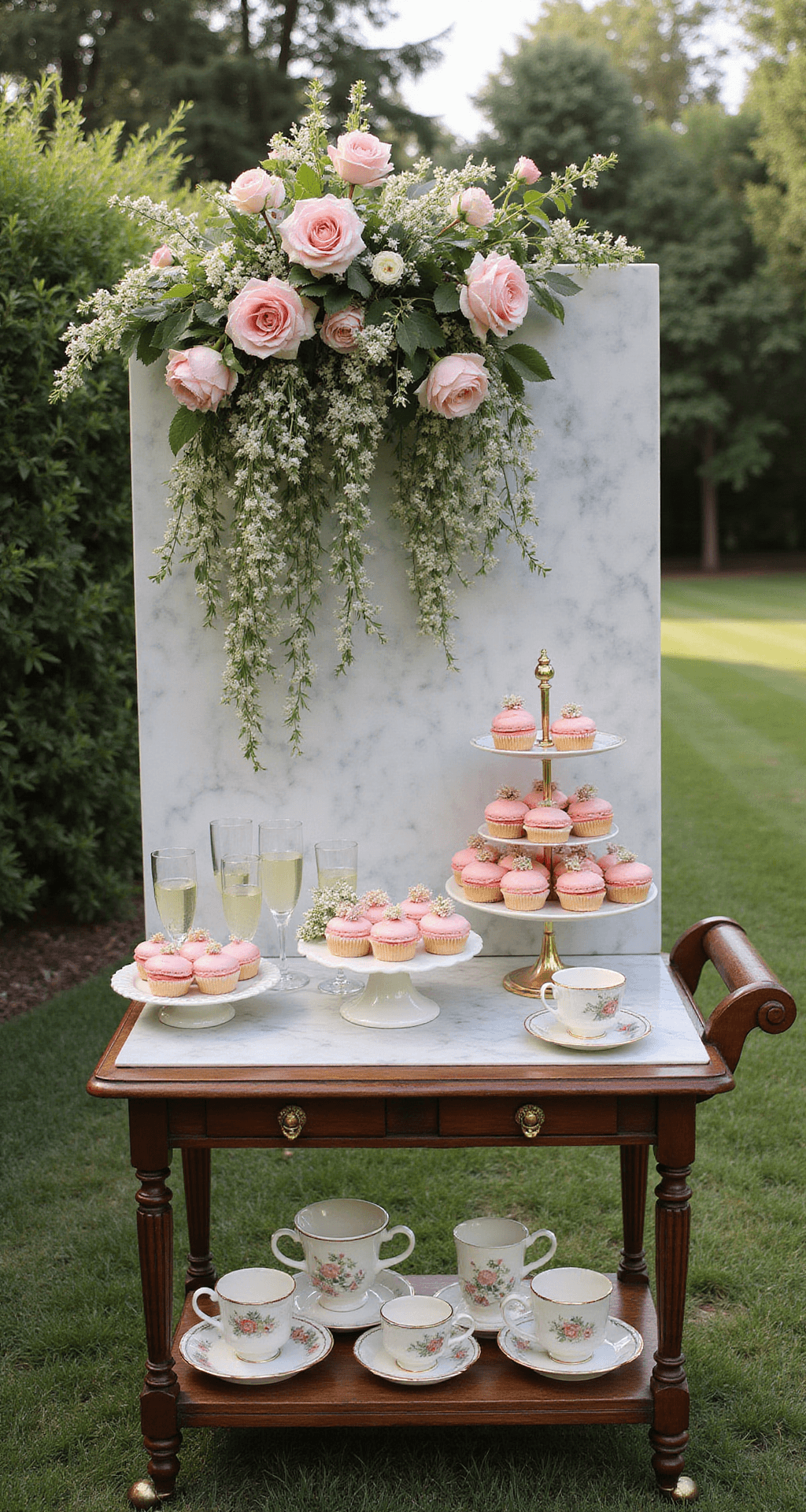 A vintage wooden dessert cart in a garden setting, styled with pink macarons, cupcakes topped with ranunculus, and fresh flowers. A floral installation with pink jasmine and garden roses hangs above, with champagne flutes and vintage tea cups on the lower shelf. Photographed in morning light at a 45-degree angle.