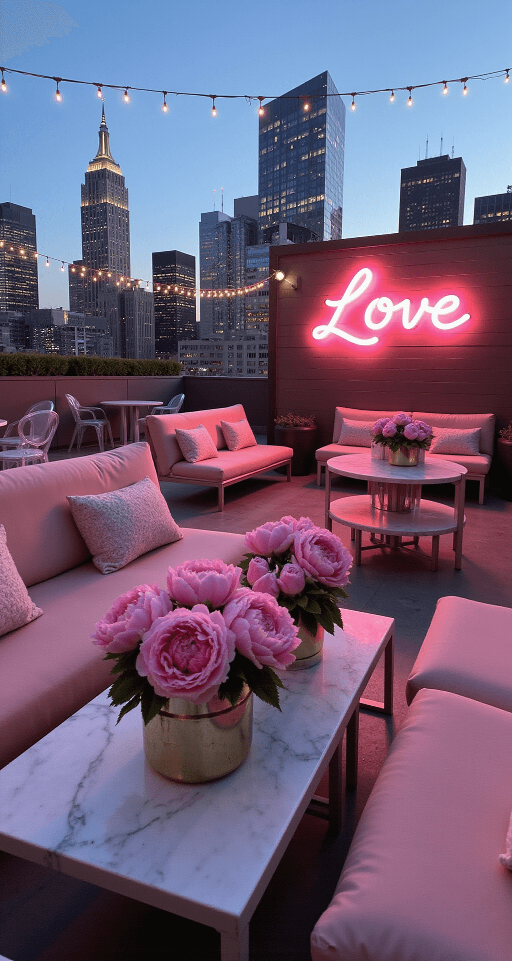 A rooftop celebration at twilight with blush velvet sofas, low cocktail tables, and a stunning city skyline backdrop with overhead string lights. Pink peonies in metallic vessels on marble tables, ghost chairs, and plush floor pillows provide seating. A neon 'Love' sign casts a pink glow over the scene.