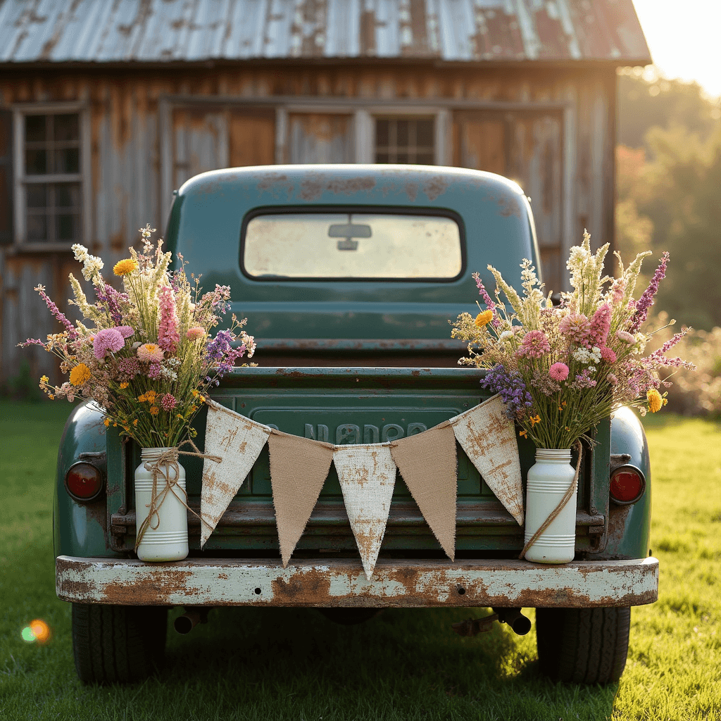 A rustic pickup truck adorned for a country wedding, parked in front of a weathered barn, surrounded by wildflowers in mason jars, burlap banners, and tin cans trailing behind, all captured in the warm glow of late afternoon sunlight with sun flares filtering through the flowers.