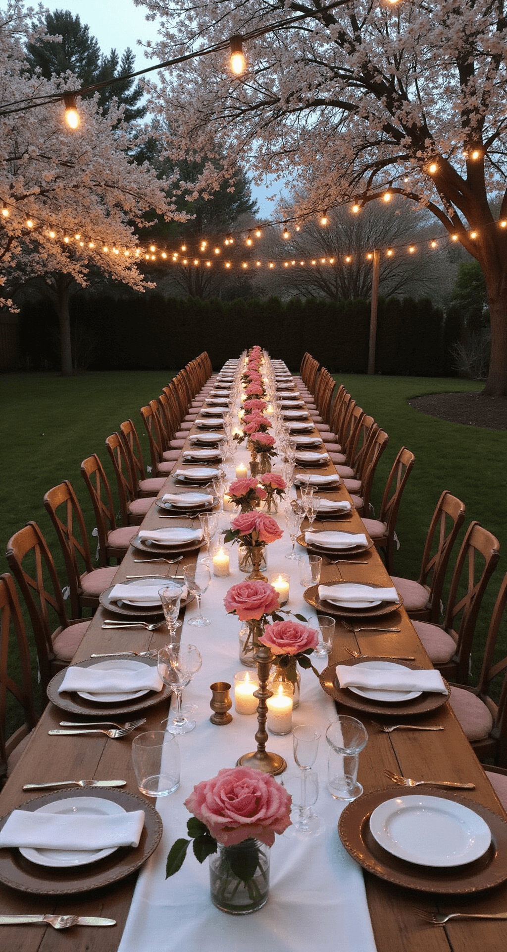 A bohemian backyard dinner party with long farm tables under flowering cherry trees, adorned with vintage runners, pink garden roses, brass candlesticks, wooden cross-back chairs with blush cushions, and market lights strung overhead, creating a magical atmosphere at dusk.