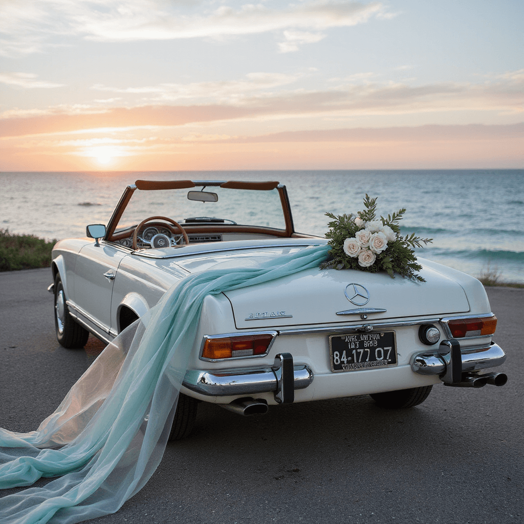 A classic convertible Mercedes adorned with white garden roses and olive branches, parked seaside at sunset, with flowing sea glass blue ribbons, captured in an aerial shot against the backdrop of turquoise waters.