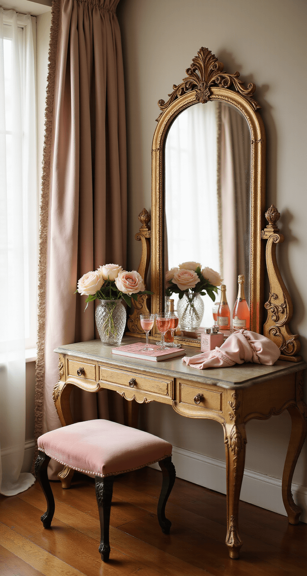 Bridal suite with vintage vanity, pink champagne, roses, silk robes, perfume bottles, ornate gold mirror, pink velvet ottoman, and tulle curtains in warm natural light.