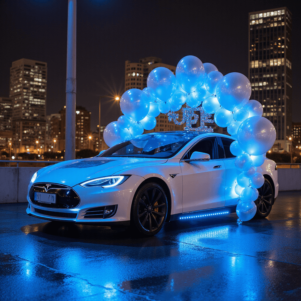 A Tesla Model S adorned with metallic-accented balloon garlands and neon signage, set against an industrial cityscape at night, illuminated by electric blue uplighting that accentuates its sleek silhouette.